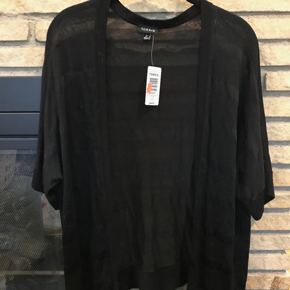 Black Short Sleeve Shadow Stripe Open Cardigan